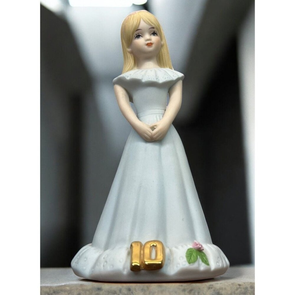 Enesco Growing Up Birthday Girls Figurine Age 10 Porcelain Blonde Blue Dress 80s